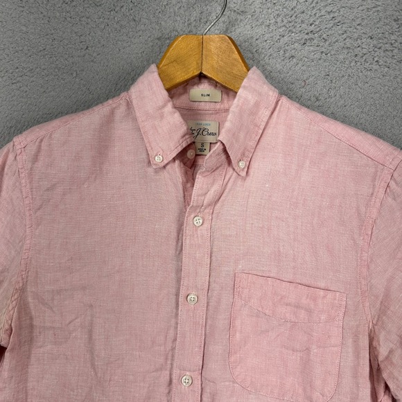 J Crew Men Irish Linen Button Down Shirt Small Pink Short Sleeve Pocket Slim Fit